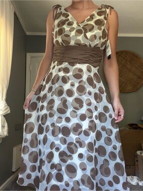 Y2K Connected Apparel Cream & Brown Polka Dot Midi Dress NWT
